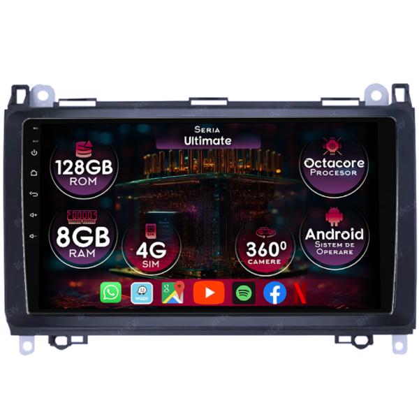 Navigatie dedicata Mercedes Sprinter 2006-2018, 8GB RAM 128GB ROM, Octacore, Platforma TS18, Display 9" QLED, Carplay&Android Auto, Android 14, Ventilator Activ