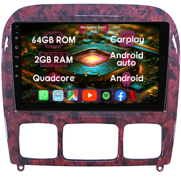 Navigatie dedicata Mercedes S Class W220 1998-2005, 2GB RAM 64GB ROM, Quad Core, Display 9" IPS Full HD, Carplay&Android Auto, Android 14, Suport camere AHD
