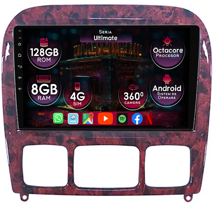 Navigatie dedicata Mercedes S Class W220 1998-2005, 8GB RAM 128GB ROM, Octacore, Platforma TS18, Display 9" QLED, Carplay&Android Auto, Android 14, Ventilator Activ - imagine 1