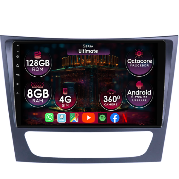 Navigatie dedicata Mercedes E Class W211 2003-2009, 8GB RAM 128GB ROM, Octacore, Platforma TS18, Display 9" QLED, Carplay&Android Auto, Android 14, Ventilator Activ
