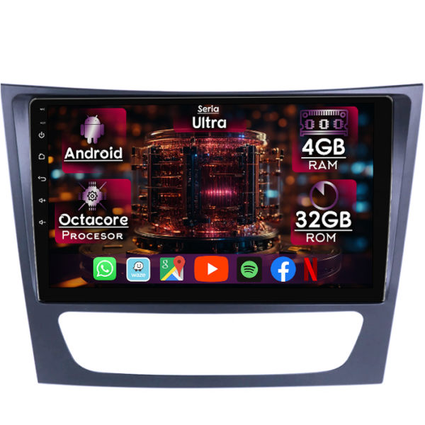 Navigatie dedicata Mercedes E Class W211 2003-2009, 4GB RAM 32GB ROM, Octacore, Display 9" QLED, Carplay&Android Auto, Android 14, Ventilator Activ