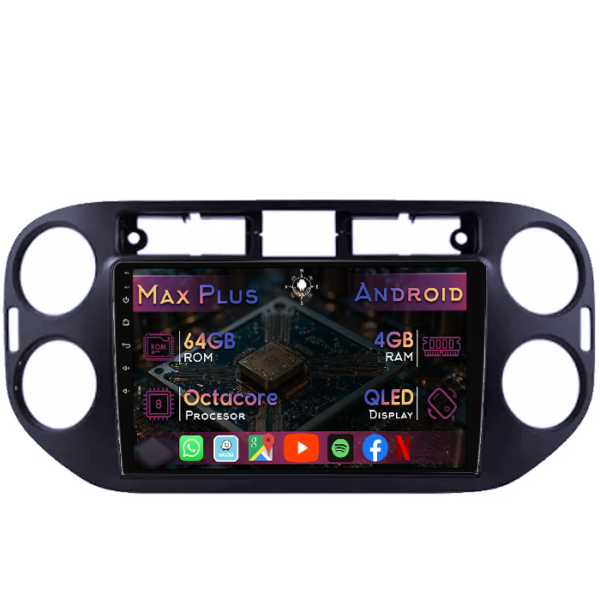 Navigatie dedicata Volkswagen Tiguan 1 2007-2018, Neagra, 4GB RAM 64GB ROM, Octacore, Display 9" QLED, Carplay&Android Auto, Android 14, Suport camere AHD