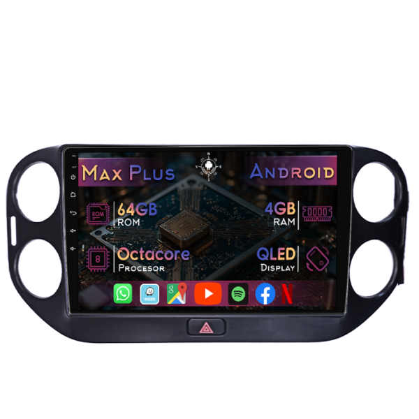 Navigatie dedicata Volkswagen Tiguan 1 2007-2018, 4GB RAM 64GB ROM, Octacore, Display 10" QLED, Carplay&Android Auto, Android 14, Suport camere AHD