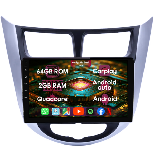 Navigatie dedicata Hyundai Verna 2010-2016, 2GB RAM 64GB ROM, Quad Core, Display 9" IPS Full HD, Carplay&Android Auto, Android 14, Suport camere AHD