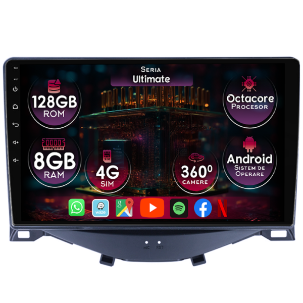 Navigatie dedicata Citroen C1 2014-2022, 8GB RAM 128GB ROM, Octacore, Platforma TS18, Display 9" QLED, Carplay&Android Auto, Android 14, Ventilator Activ