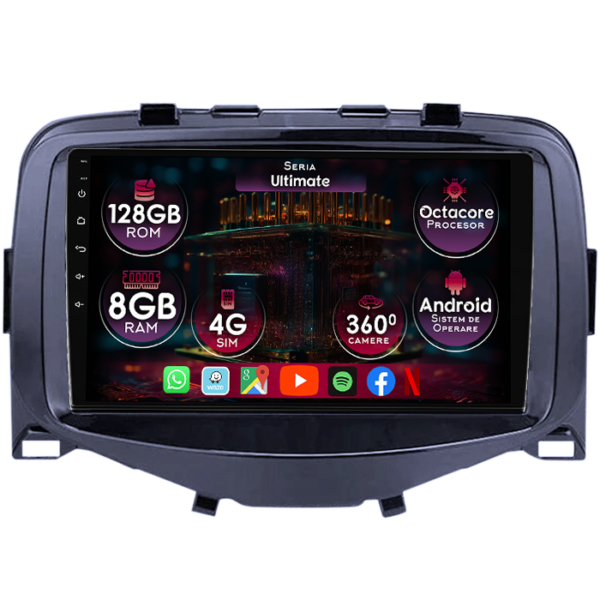 Navigatie dedicata Citroen C1 2016, 8GB RAM 128GB ROM, Octacore, Platforma TS18, Display 9" QLED, Carplay&Android Auto, Android 14, Ventilator Activ