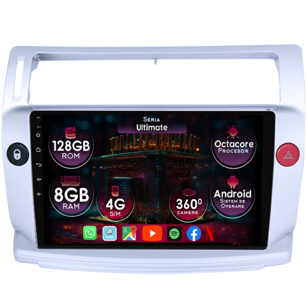 Navigatie dedicata Citroen C4 2004-2009, 8GB RAM 128GB ROM, Octacore, Platforma TS18, Display 9" QLED, Carplay&Android Auto, Android 14, Ventilator Activ