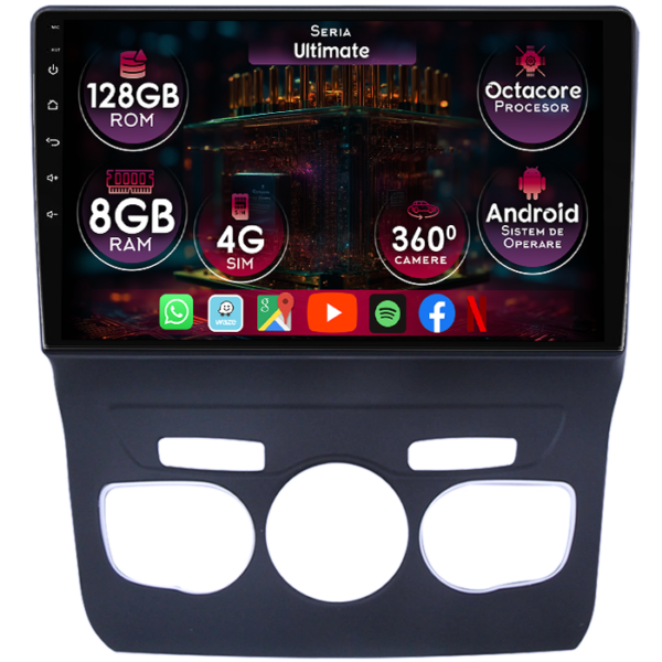 Navigatie dedicata Citroen C4 2009-2018, clima automata, 8GB RAM 128GB ROM, Octacore, Platforma TS18, Display 10" QLED, Carplay&Android Auto, Android 14, Ventilator Activ