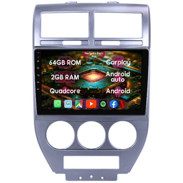 Navigatie dedicata Jeep Compass 2007-2009, 2GB RAM 64GB ROM, Quad Core, Display 10" IPS Full HD, Carplay&Android Auto, Android 14, Suport camere AHD