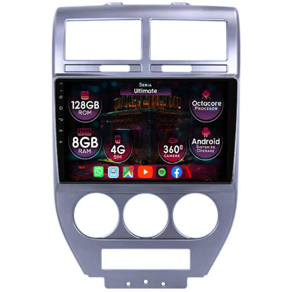 Navigatie dedicata Jeep Compass 2007-2009, 8GB RAM 128GB ROM, Octacore, Platforma TS18, Display 10" QLED, Carplay&Android Auto, Android 14, Ventilator Activ