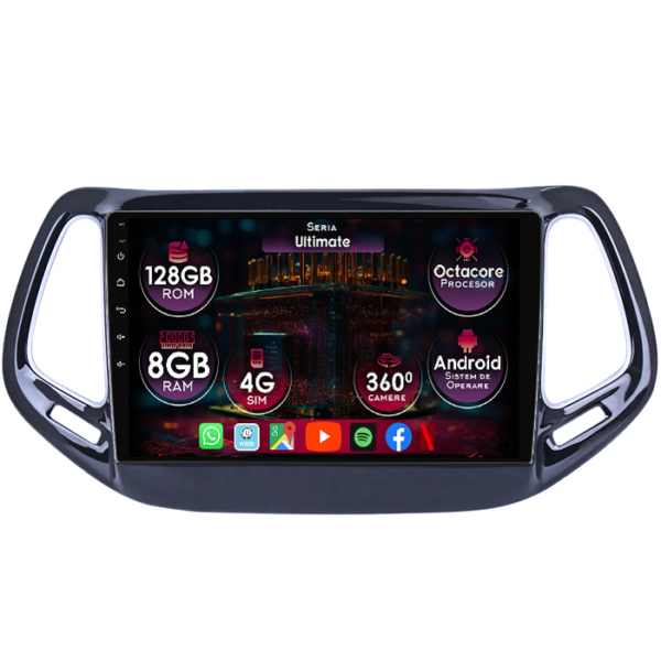 Navigatie dedicata Jeep Compass 2016-2018, 8GB RAM 128GB ROM, Octacore, Platforma TS18, Display 10" QLED, Carplay&Android Auto, Android 14, Ventilator Activ