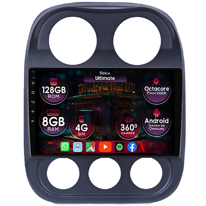 Navigatie dedicata Jeep Compass Patriot 2010-2016, 8GB RAM 128GB ROM, Octacore, Platforma TS18, Display 10" QLED, Carplay&Android Auto, Android 14, Ventilator Activ - imagine 1