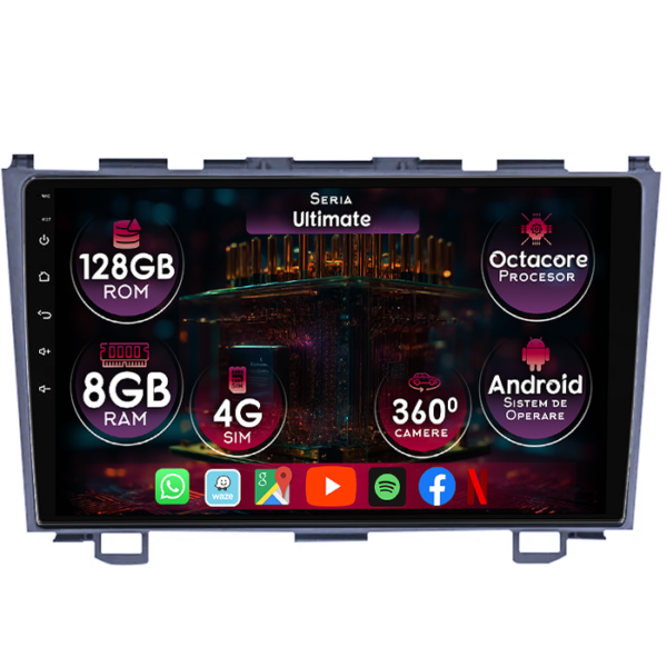 Navigatie dedicata Honda CR-V 3 2006-2012, 8GB RAM 128GB ROM, Octacore, Platforma TS18, Display 9" QLED, Carplay&Android Auto, Android 14, Ventilator Activ