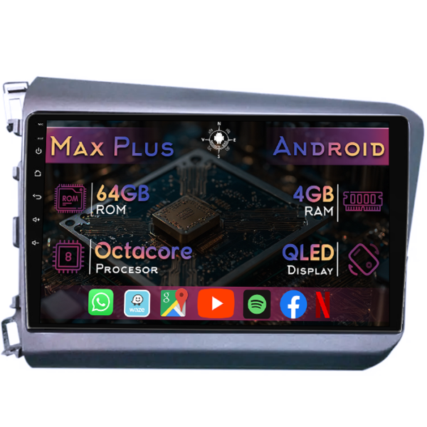Navigatie dedicata Honda Civic 2011-2015, 4GB RAM 64GB ROM, Octacore, Display 9" QLED, Carplay&Android Auto, Android 14, Suport camere AHD
