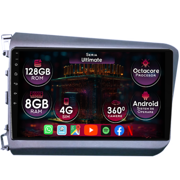 Navigatie dedicata Honda Civic 2011-2015, 8GB RAM 128GB ROM, Octacore, Platforma TS18, Display 9" QLED, Carplay&Android Auto, Android 14, Ventilator Activ