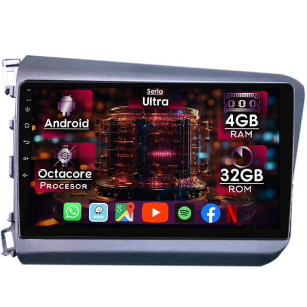 Navigatie dedicata Honda Civic 2011-2015, 4GB RAM 32GB ROM, Octacore, Display 9" QLED, Carplay&Android Auto, Android 14, Ventilator Activ