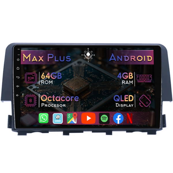 Navigatie dedicata Honda Civic 2016-2021, 4GB RAM 64GB ROM, Octacore, Display 9" QLED, Carplay&Android Auto, Android 14, Suport camere AHD