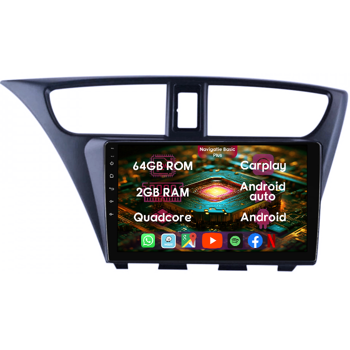 Navigatie dedicata Honda Civic IX Hatchback 2011-2015, 2GB RAM 64GB ROM, Quad Core, Display 9" IPS Full HD, Carplay&Android Auto, Android 14, Suport camere AHD - imagine 1
