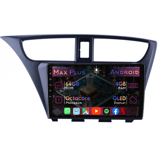 Navigatie dedicata Honda Civic IX Hatchback 2011-2015, 4GB RAM 64GB ROM, Octacore, Display 9" QLED, Carplay&Android Auto, Android 14, Suport camere AHD
