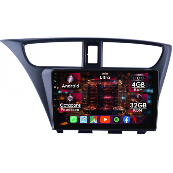 Navigatie dedicata Honda Civic IX Hatchback 2011-2015, 4GB RAM 32GB ROM, Octacore, Display 9" QLED, Carplay&Android Auto, Android 14, Ventilator Activ