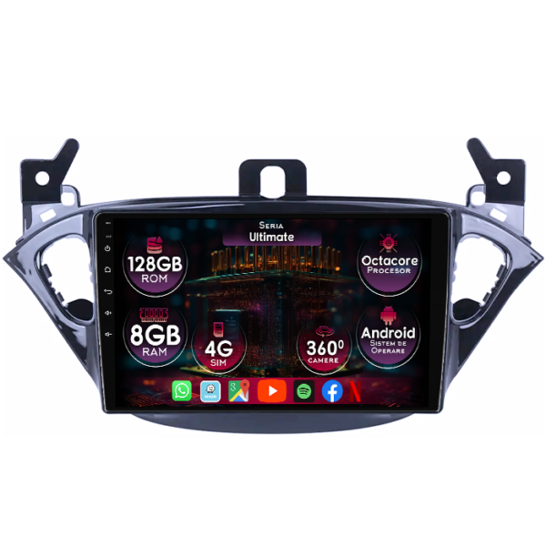 Navigatie dedicata Opel Corsa E 2014-2019, 8GB RAM 128GB ROM, Octacore, Platforma TS18, Display 9" QLED, Carplay&Android Auto, Android 14, Ventilator Activ