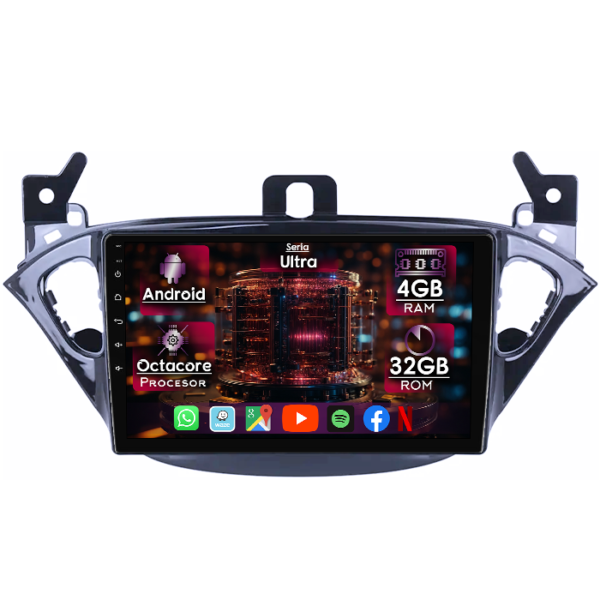 Navigatie dedicata Opel Corsa E 2014-2019, 4GB RAM 32GB ROM, Octacore, Display 9" QLED, Carplay&Android Auto, Android 14, Ventilator Activ