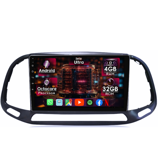 Navigatie dedicata Fiat Doblo 2015-2019, 4GB RAM 32GB ROM, Octacore, Display 9" QLED, Carplay&Android Auto, Android 14, Ventilator Activ