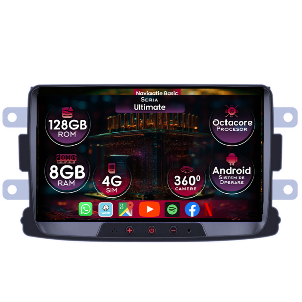 Navigatie dedicata Dacia Dokker 2012+, 8GB RAM 128GB ROM, Octacore, Display 8" QLED, Carplay&Android Auto, Android 14, Ventilator Activ