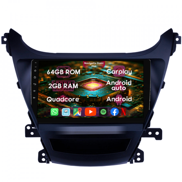 Navigatie dedicata Hyundai Elantra 2014-2016, 2GB RAM 64GB ROM, Quad Core, Display 9" IPS Full HD, Carplay&Android Auto, Android 14, Suport camere AHD