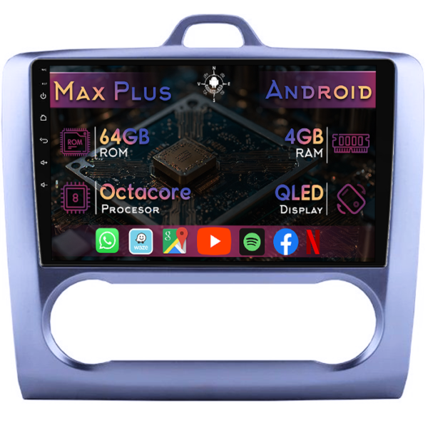 Navigatie dedicata Ford Focus 2 2004-2011, Clima Automata, 4GB RAM 64GB ROM, Octacore, Display 9" QLED, Carplay&Android Auto, Android 14, Suport camere AHD