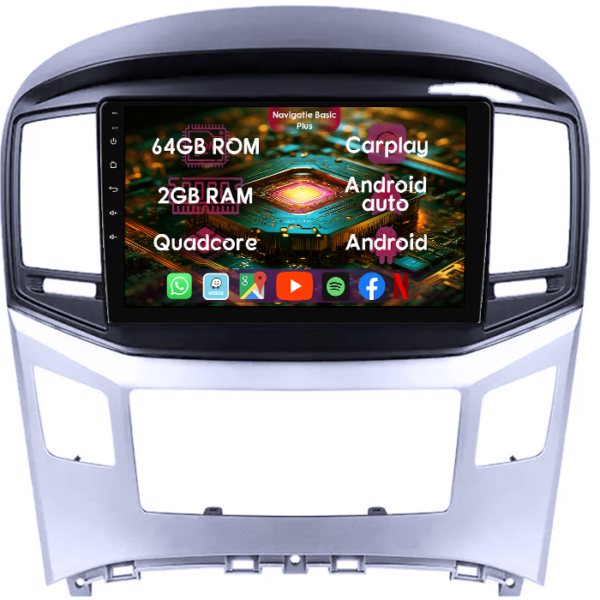 Navigatie dedicata Hyundai H1 2017-2018, 2GB RAM 64GB ROM, Quad Core, Display 9" IPS Full HD, Carplay&Android Auto, Android 14, Suport camere AHD