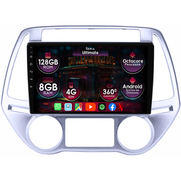 Navigatie dedicata Hyundai I20 2012-2014, 8GB RAM 128GB ROM, Octacore, Platforma TS18, Display 9" QLED, Carplay&Android Auto, Android 14, Ventilator Activ