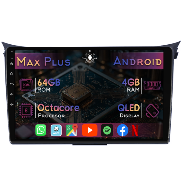 Navigatie dedicata Hyundai I30 2011-2017, 4GB RAM 64GB ROM, Octacore, Display 9" QLED, Carplay&Android Auto, Android 14, Suport camere AHD