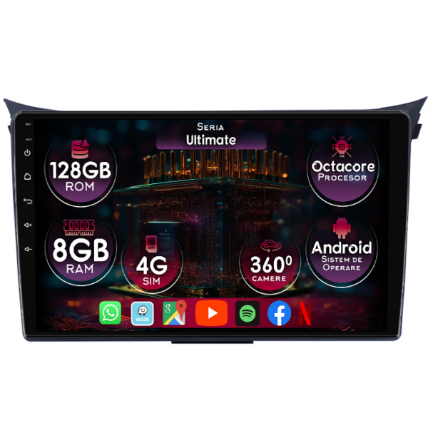 Navigatie dedicata Hyundai I30 2011-2017, 8GB RAM 128GB ROM, Octacore, Platforma TS18, Display 9" QLED, Carplay&Android Auto, Android 14, Ventilator Activ