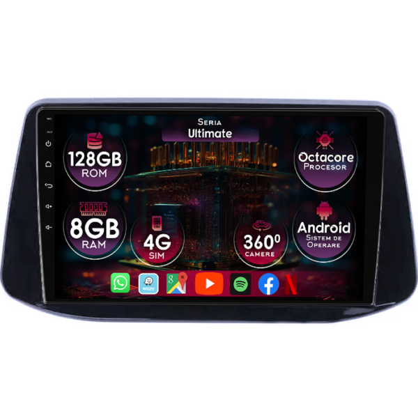 Navigatie dedicata Hyundai I30 2018, 8GB RAM 128GB ROM, Octacore, Platforma TS18, Display 9" QLED, Carplay&Android Auto, Android 14, Ventilator Activ
