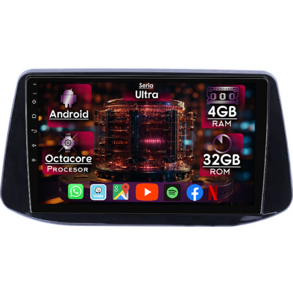 Navigatie dedicata Hyundai I30 2018, 4GB RAM 32GB ROM, Octacore, Display 9" QLED, Carplay&Android Auto, Android 14, Ventilator Activ