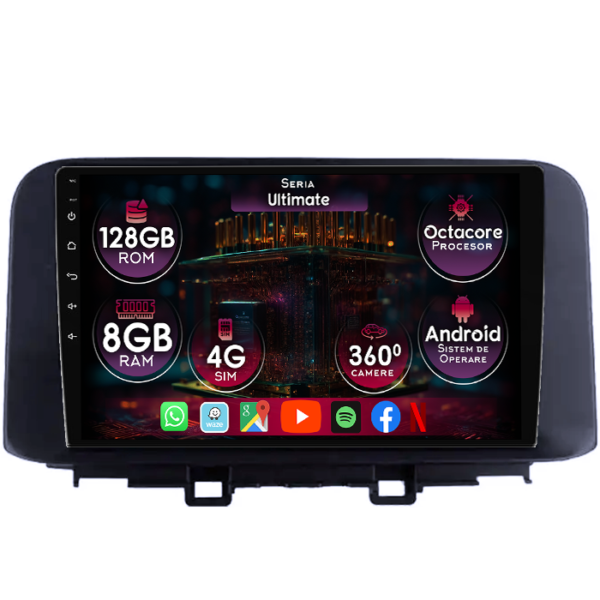 Navigatie dedicata Hyundai Kona 2018-2020, 8GB RAM 128GB ROM, Octacore, Platforma TS18, Display 10" QLED, Carplay&Android Auto, Android 14, Ventilator Activ