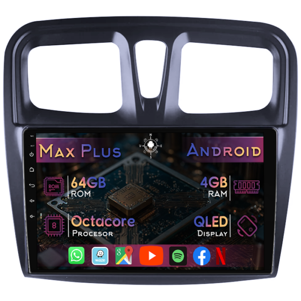 Navigatie dedicata Renault Logan 2014-2019, 4GB RAM 64GB ROM, Octacore, Display 9" QLED, Carplay&Android Auto, Android 14, Suport camere AHD