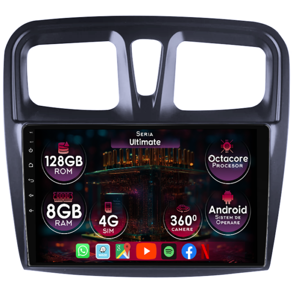 Navigatie dedicata Renault Logan 2014-2019, 8GB RAM 128GB ROM, Octacore, Platforma TS18, Display 9" QLED, Carplay&Android Auto, Android 14, Ventilator Activ