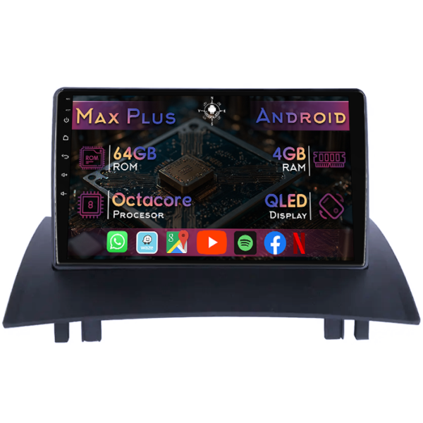 Navigatie dedicata Renault Megane 2 2001-2009, 4GB RAM 64GB ROM, Octacore, Display 9" QLED, Carplay&Android Auto, Android 14, Suport camere AHD