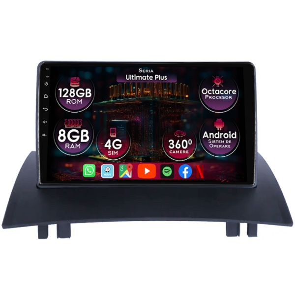Navigatie dedicata Renault Megane 2 2001-2009, 8GB RAM 128GB ROM, Octacore, Platforma 7862, Display 9" QLED, Carplay&Android Auto, Android 14, Ventilator Activ