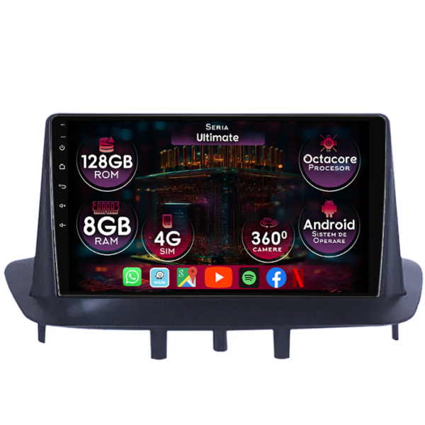 Navigatie dedicata Renault Megane 3 2008-2014, 8GB RAM 128GB ROM, Octacore, Platforma TS18, Display 9" QLED, Carplay, Android 13, Bluetooth, Magazin Play, Ventilator Activ