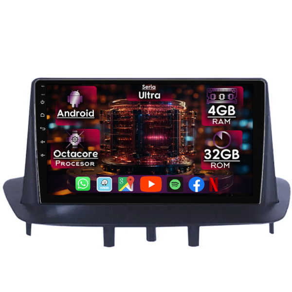 Navigatie dedicata Renault Megane 3 2008-2014, 4GB RAM 32GB ROM, Octacore, Display 9" QLED, Carplay, Android 13, Bluetooth, Magazin Play, Ventilator Activ