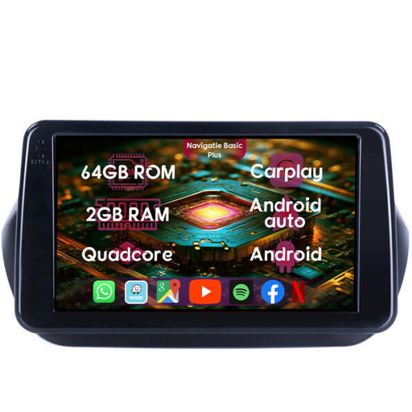 Navigatie dedicata Fiat Fiorino Qubo 2008-2017, 2GB RAM 64GB ROM, Quad Core, Display 9" IPS Full HD, Carplay&Android Auto, Android 14, Suport camere AHD