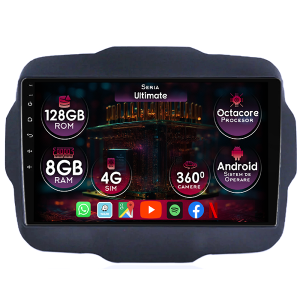 Navigatie dedicata Jeep Renegade 2014-2018, 8GB RAM 128GB ROM, Octacore, Platforma TS18, Display 9" QLED, Carplay&Android Auto, Android 14, Ventilator Activ
