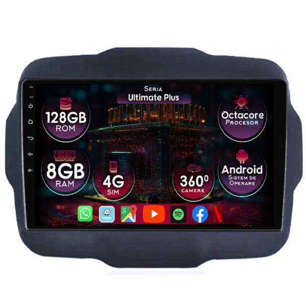 Navigatie dedicata Jeep Renegade 2014-2018, 8GB RAM 128GB ROM, Octacore, Platforma 7862, Display 9" QLED, Carplay&Android Auto, Android 14, Ventilator Activ