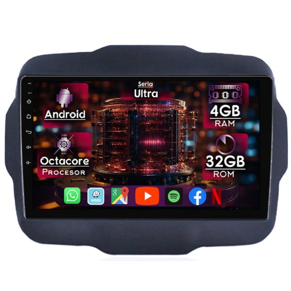 Navigatie dedicata Jeep Renegade 2014-2018, 4GB RAM 32GB ROM, Octacore, Display 9" QLED, Carplay&Android Auto, Android 14, Ventilator Activ