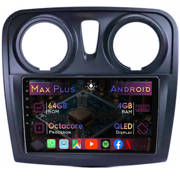 Navigatie dedicata Renault Sandero 2017+, 4GB RAM 64GB ROM, Octacore, Display 9" QLED, Carplay&Android Auto, Android 14, Suport camere AHD