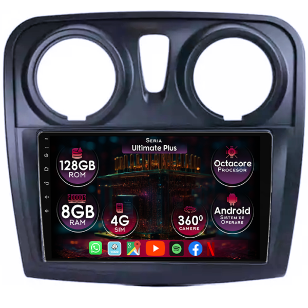 Navigatie dedicata Renault Sandero 2017+, 8GB RAM 128GB ROM, Octacore, Platforma 7862, Display 9" QLED, Carplay&Android Auto, Android 14, Ventilator Activ