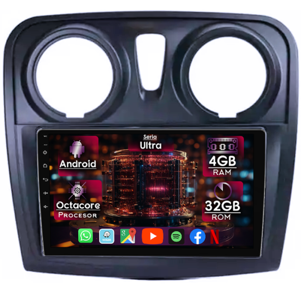 Navigatie dedicata Renault Sandero 2017+, 4GB RAM 32GB ROM, Octacore, Display 9" QLED, Carplay&Android Auto, Android 14, Ventilator Activ